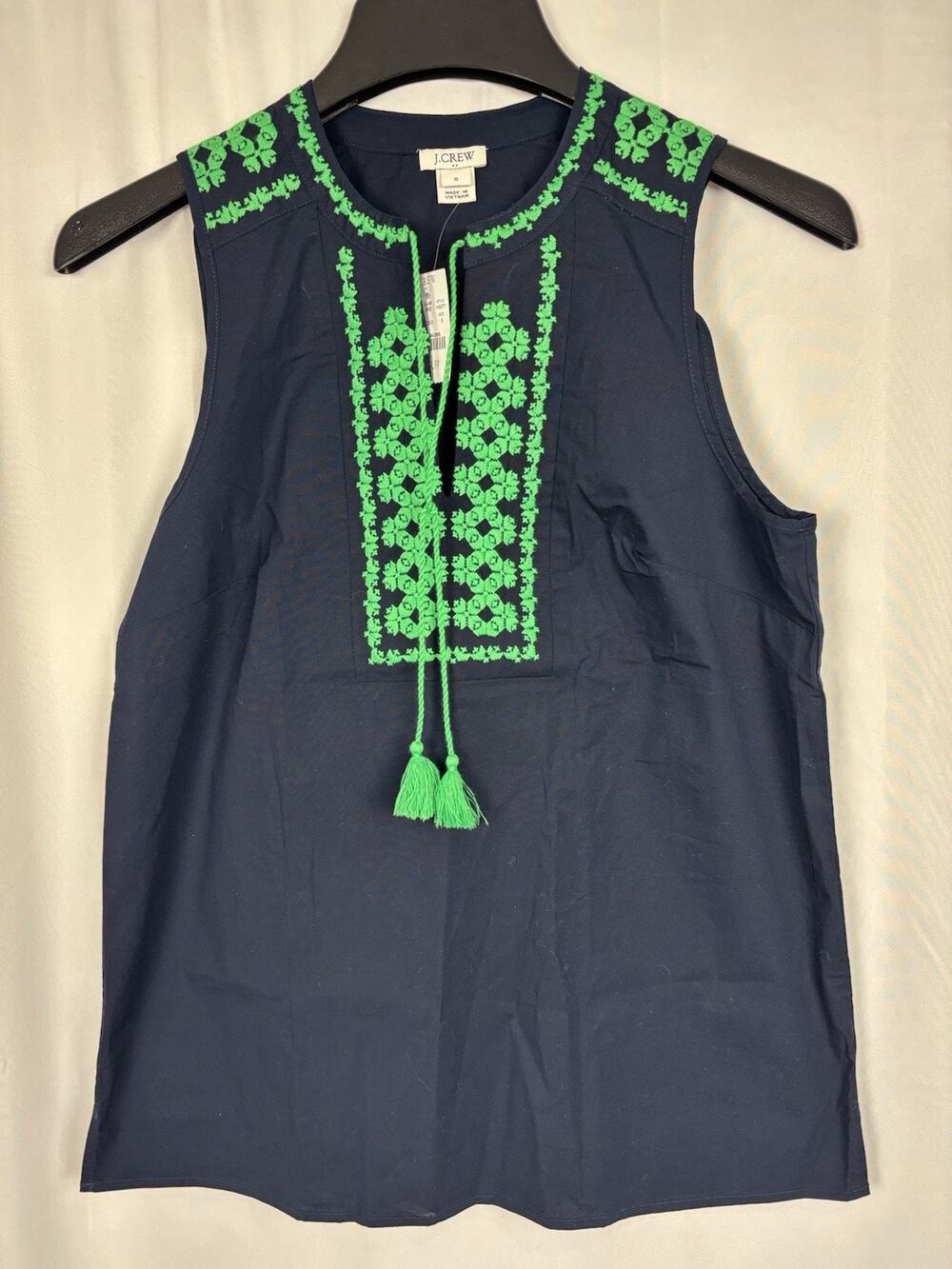 J Crew Factory Navy Blue Green Embroidered Tassel Tank Top Boho Size 0 NWT